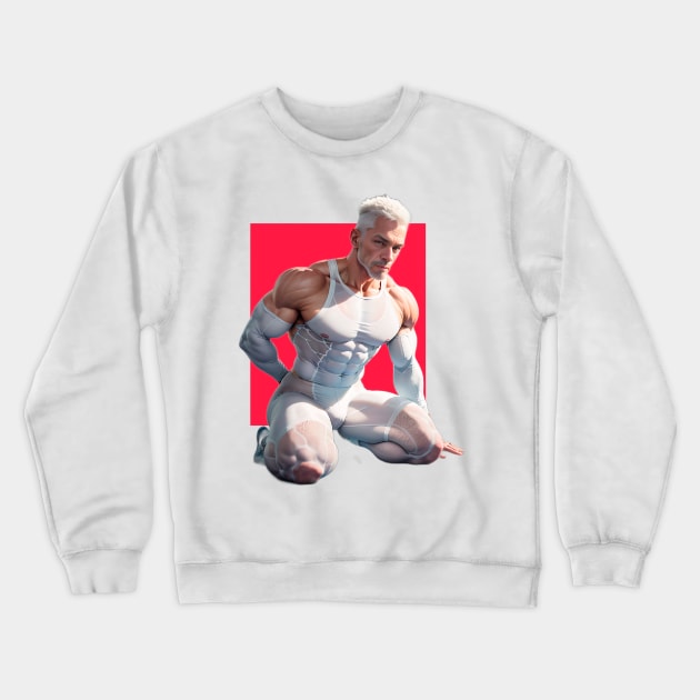 Handsome and muscular kneeling nordic mature man in white compression suit Crewneck Sweatshirt by Marccelus